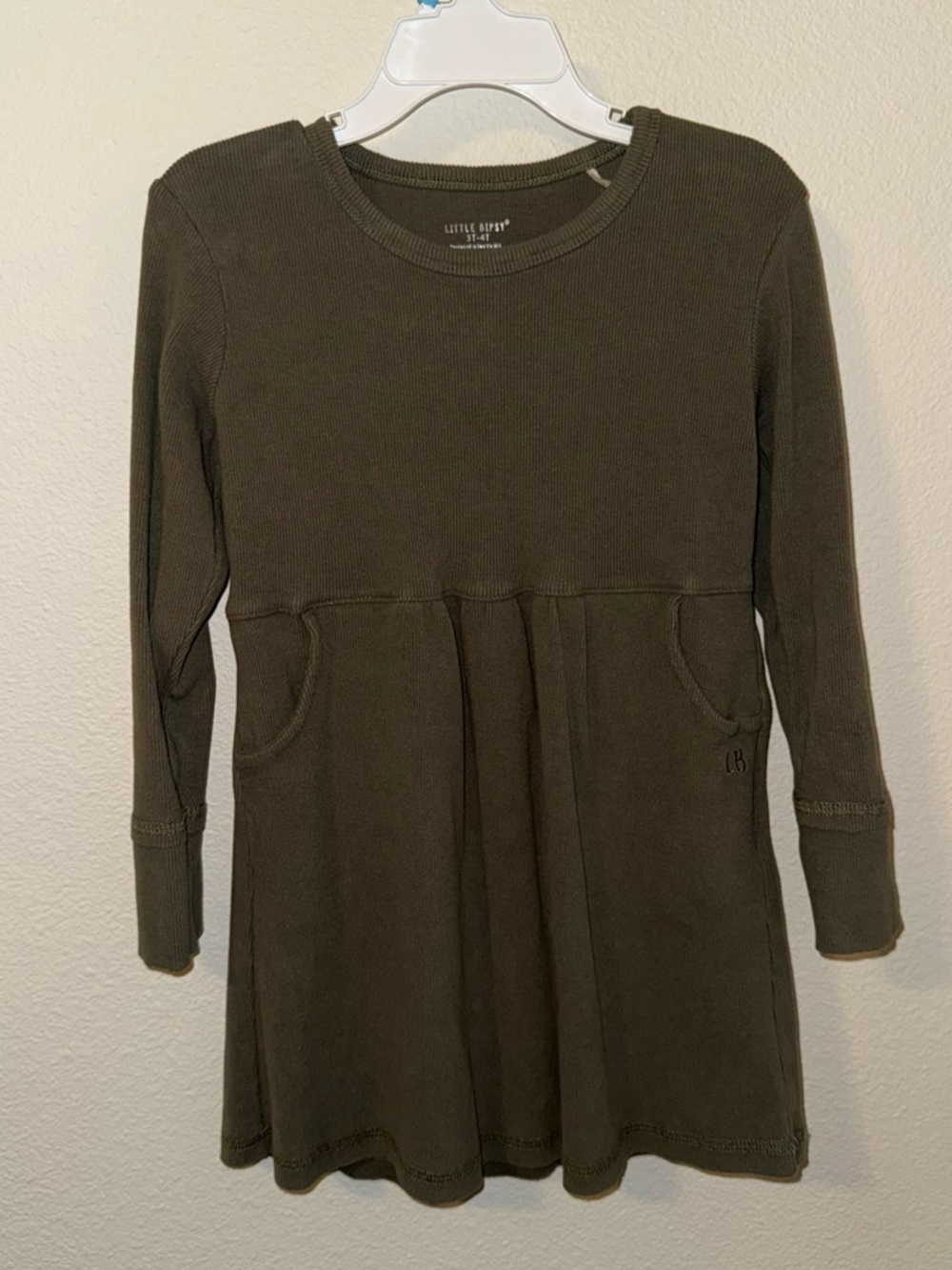 Little Bipsy Olive Green Knit Long-Sleeve Girls Dress